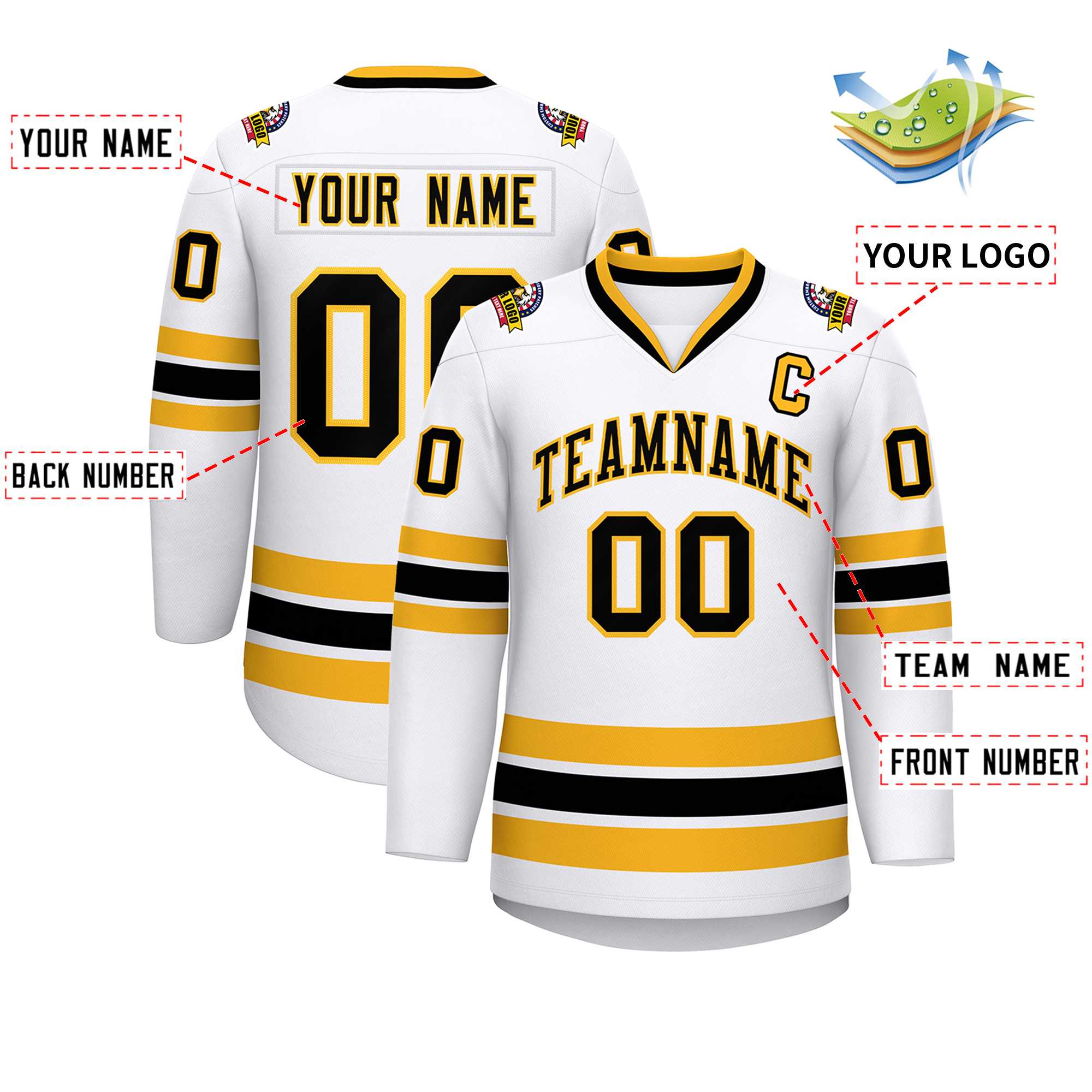 Custom White Black-Gold Classic Style Hockey Jersey