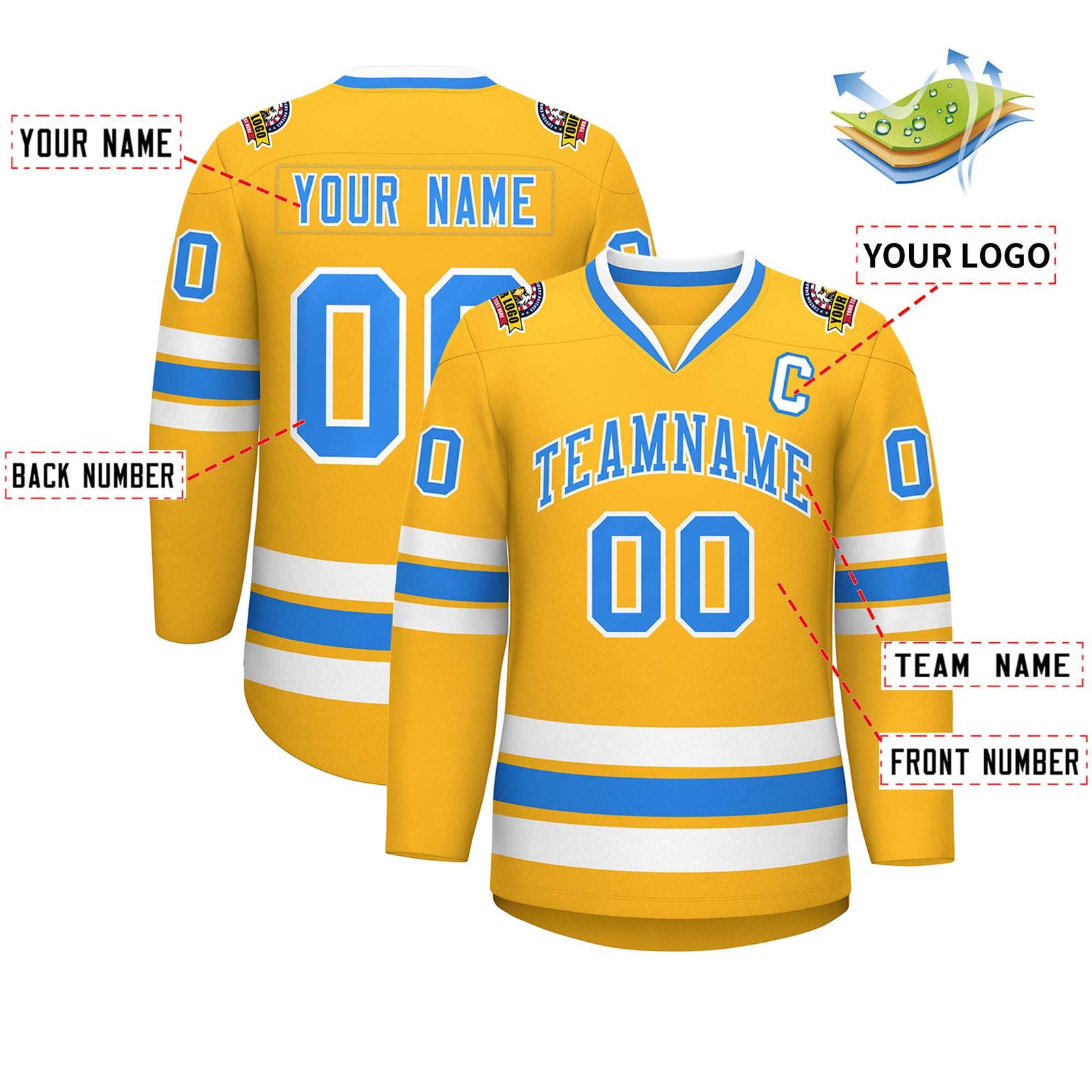 Custom Gold Powder Blue-White Classic Style Hockey Jersey