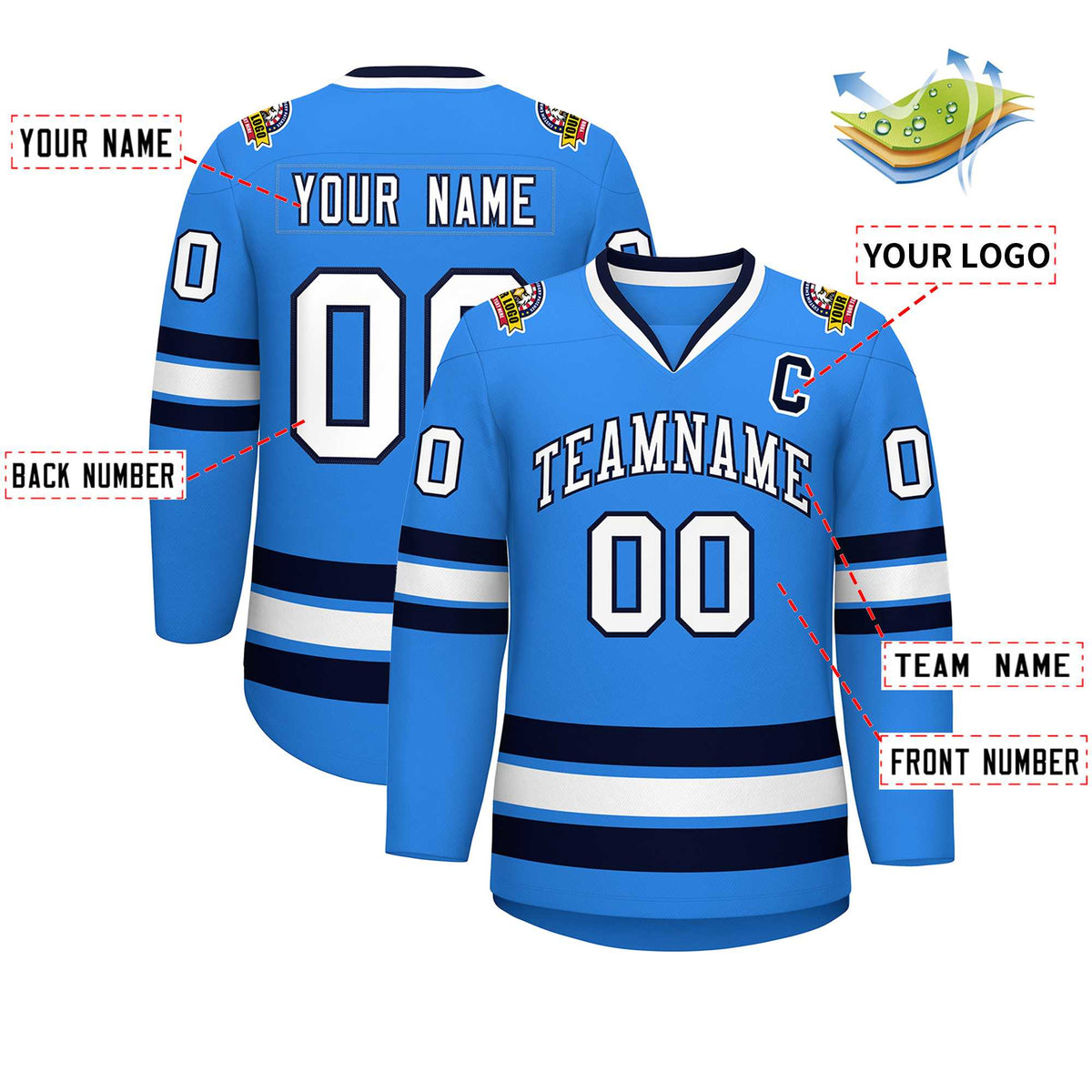 Custom Powder Blue White-Navy Classic Style Hockey Jersey