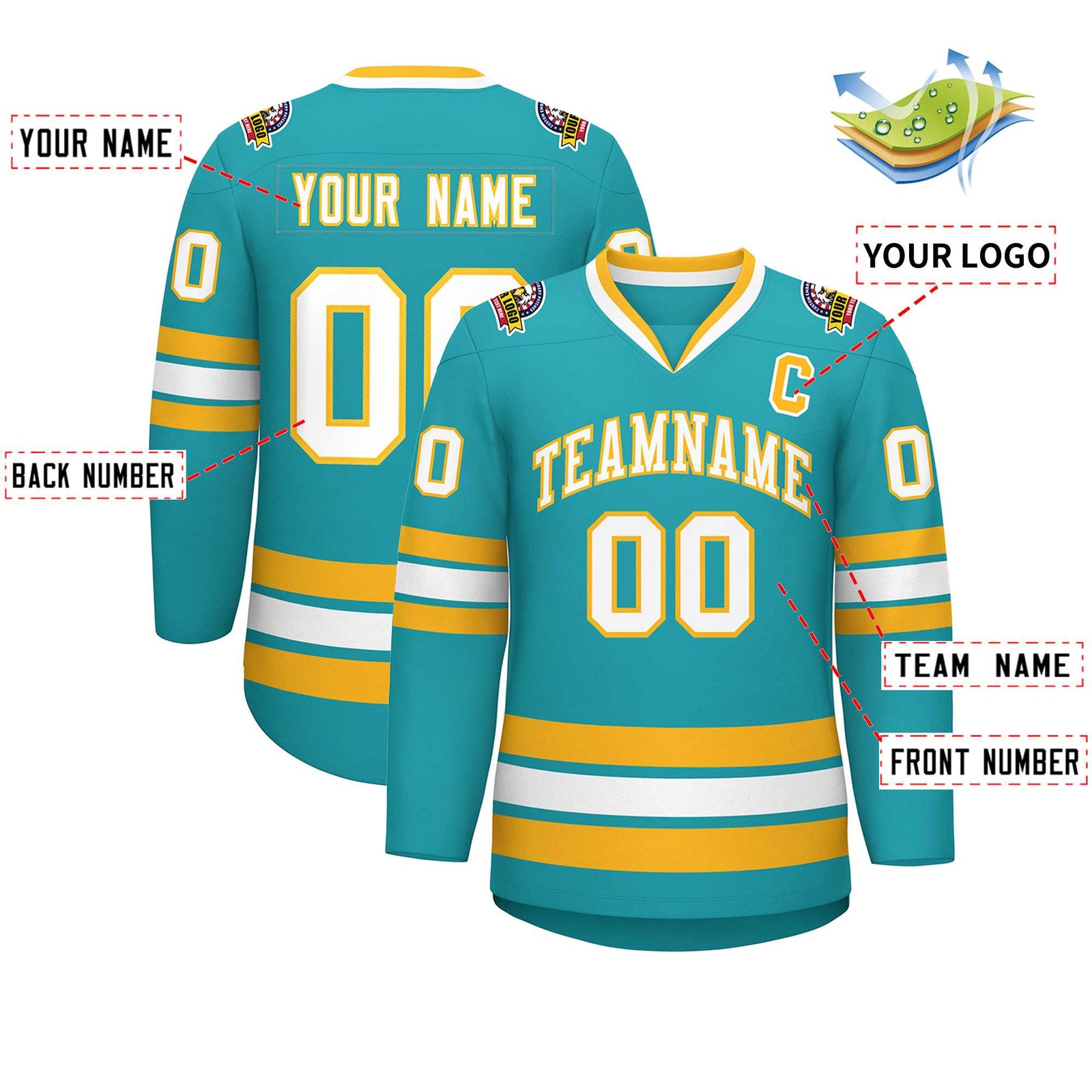Custom Aqua White-Gold Classic Style Hockey Jersey