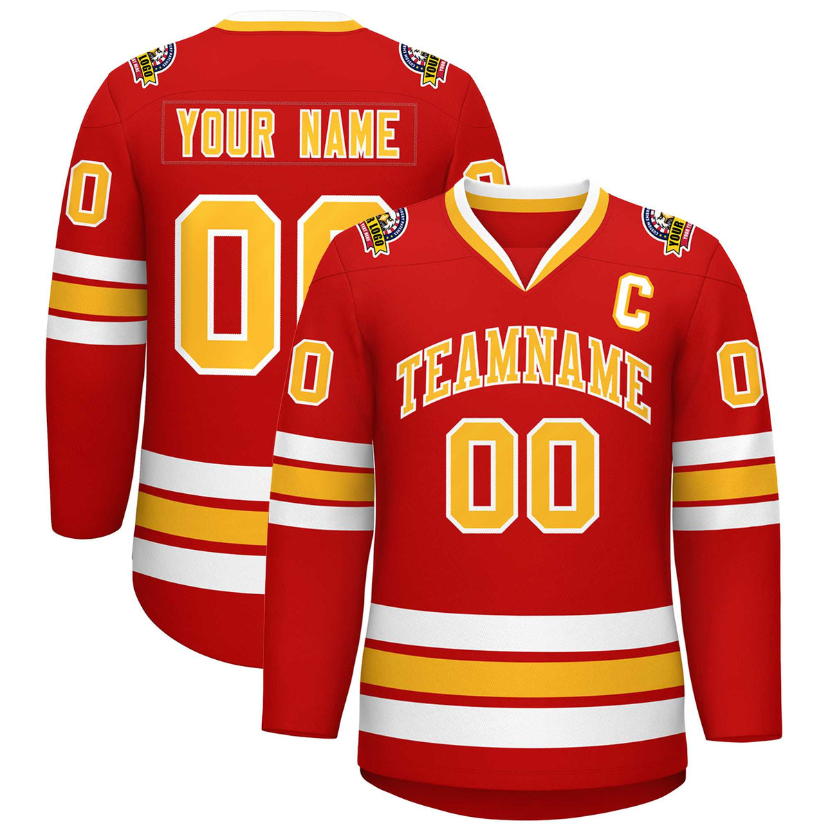 Custom Red Gold-White Classic Style Hockey Jersey