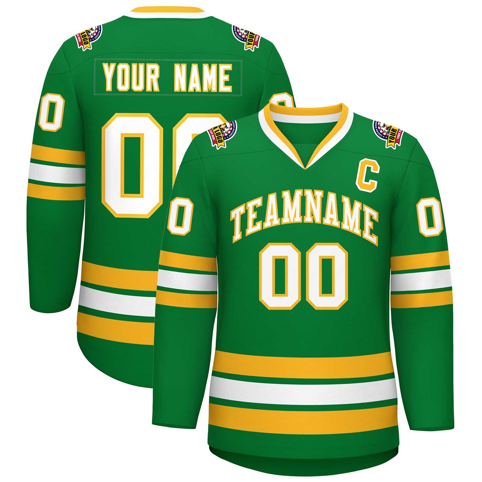 Custom Kelly Green White-Gold Classic Style Hockey Jersey