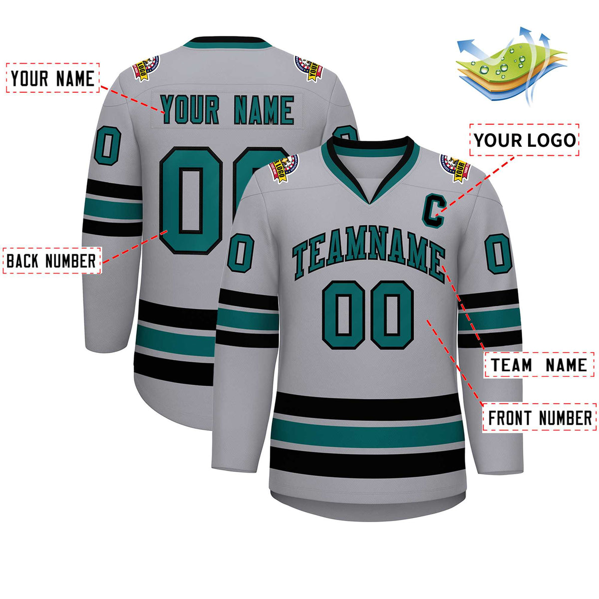 Custom Gray Aqua-Black Classic Style Hockey Jersey