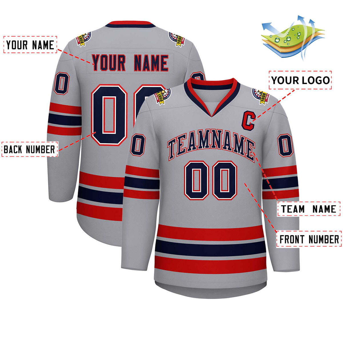 Custom Gray Navy White-Red Classic Style Hockey Jersey