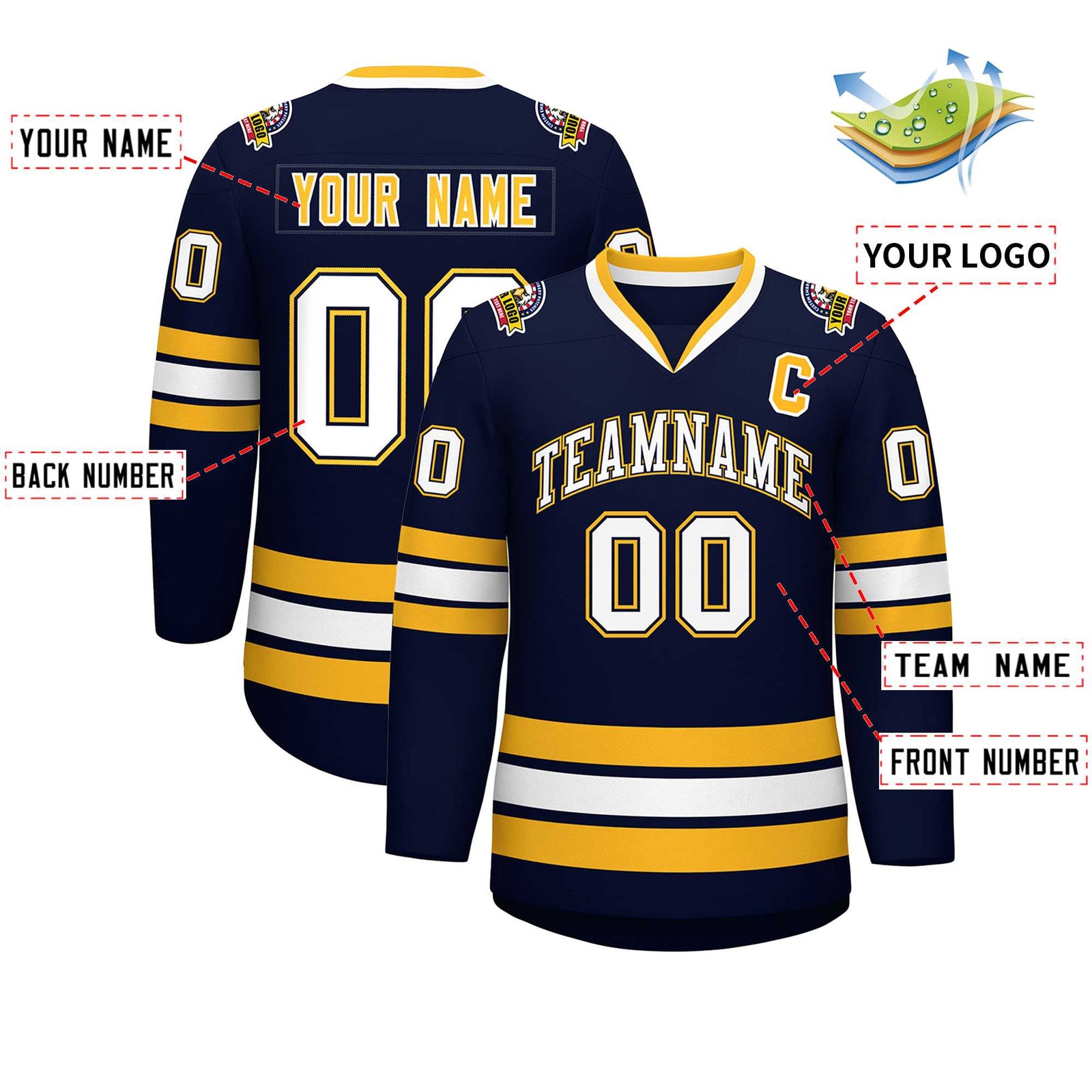 Custom Navy White Navy-Gold Classic Style Hockey Jersey