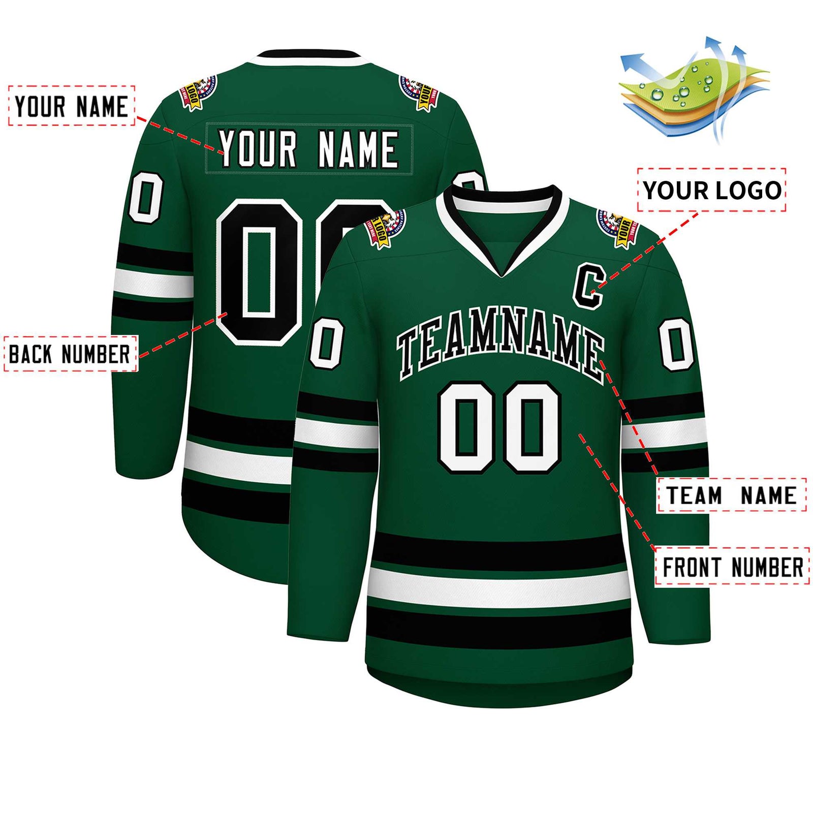 Custom Green Black-White Classic Style Hockey Jersey