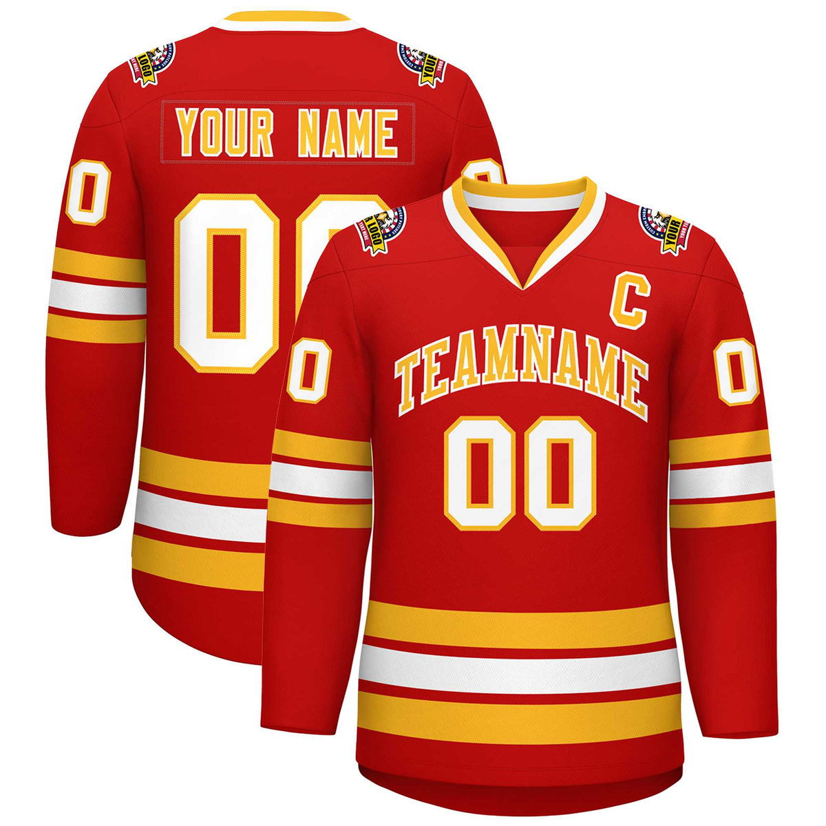 Custom Red Gold-White Classic Style Hockey Jersey