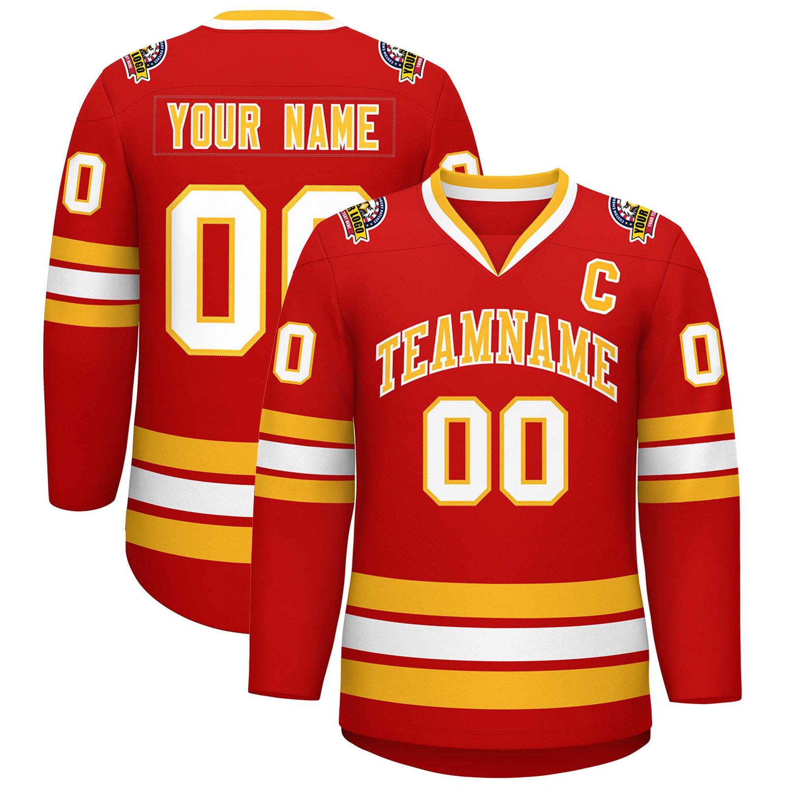 Custom Red Gold-White Classic Style Hockey Jersey