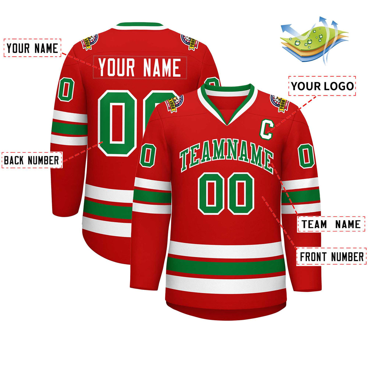 Custom Red Kelly Green-White Classic Style Hockey Jersey