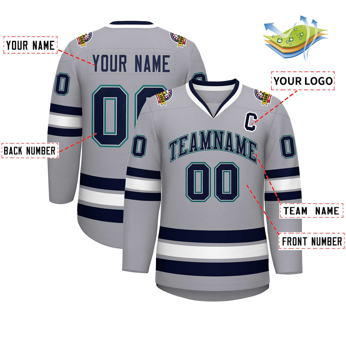 Custom Gray Navy Gray-Aqua Classic Style Hockey Jersey
