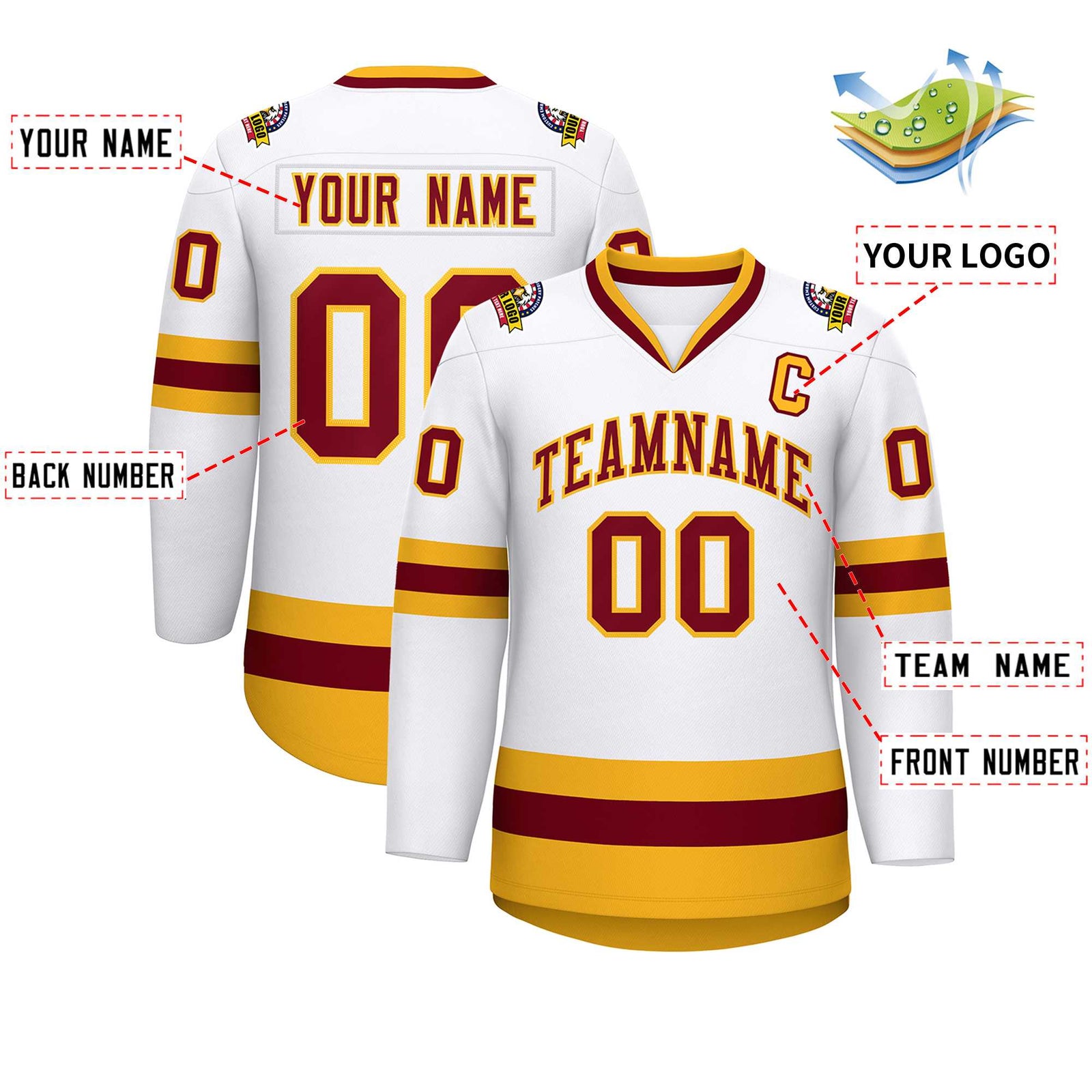 Custom White Crimson-Gold Classic Style Hockey Jersey