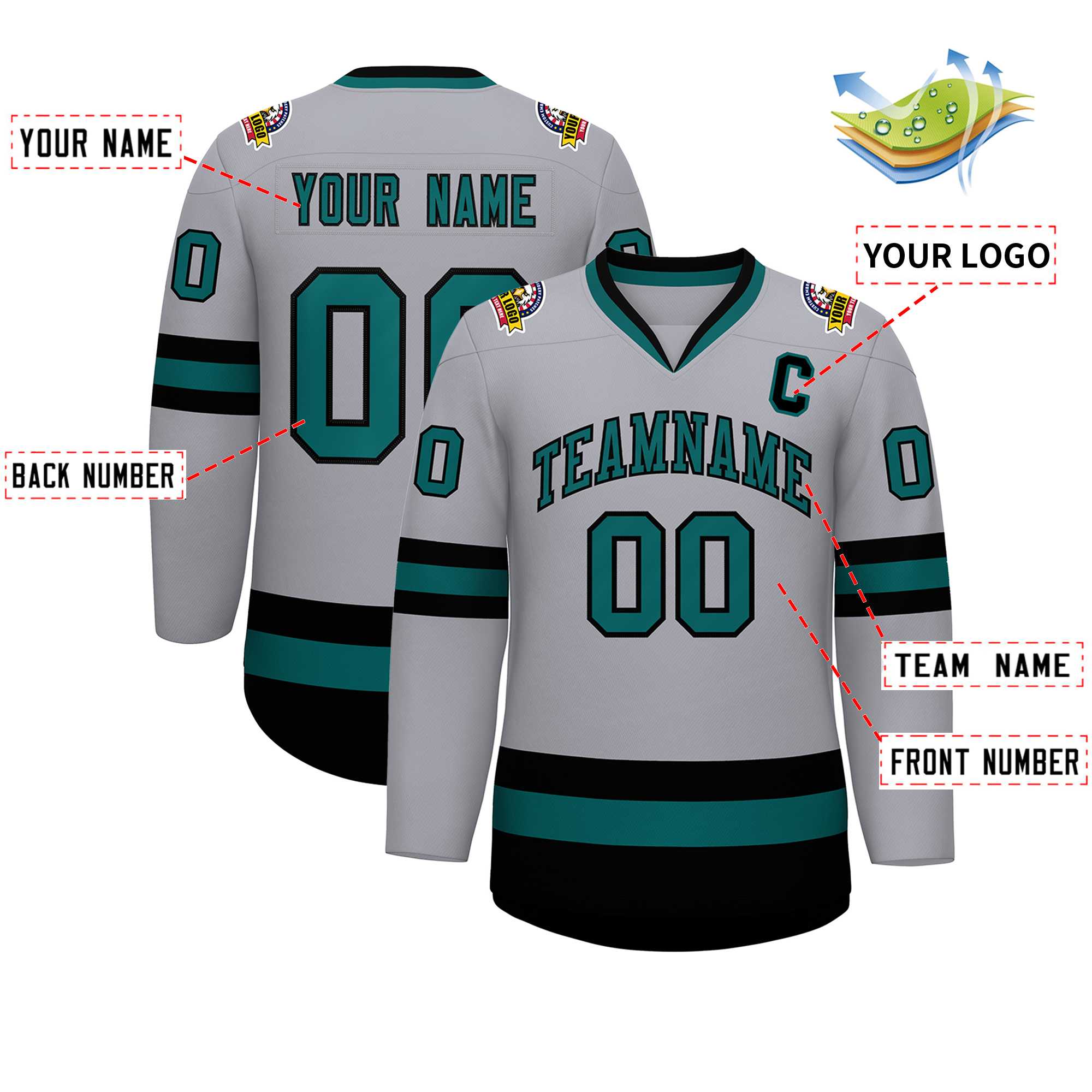 Custom Gray Aqua-Black Classic Style Hockey Jersey