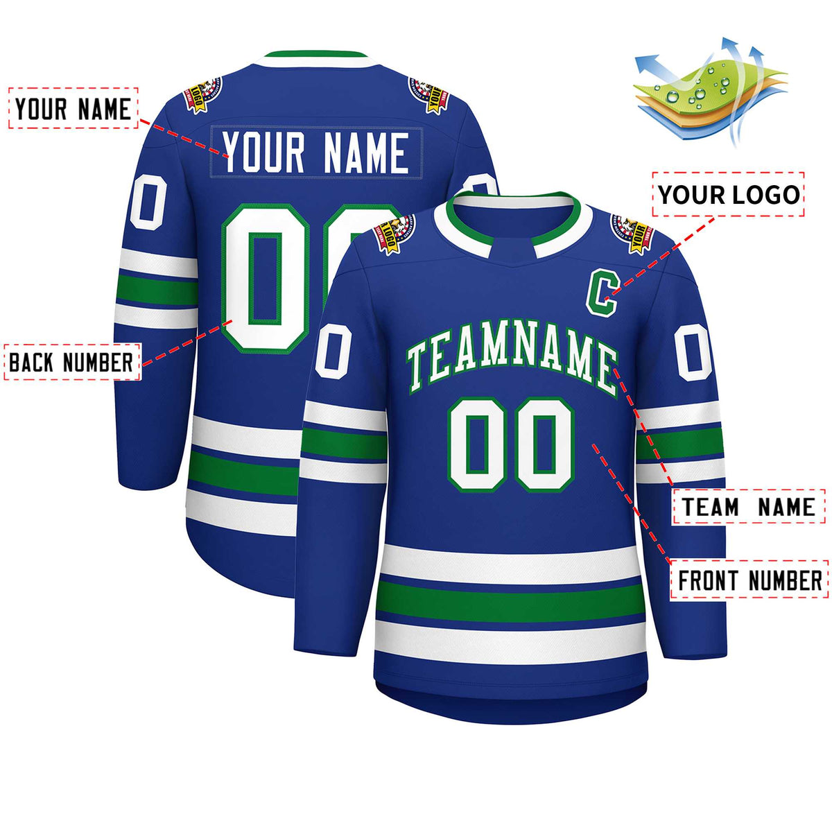 Custom Royal White-Kelly Green Classic Style Hockey Jersey