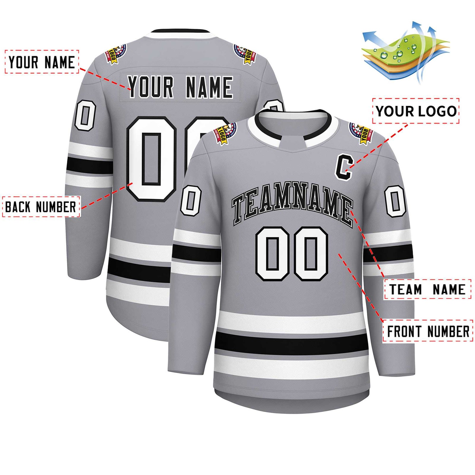 Custom Gray Black White-Black Classic Style Hockey Jersey