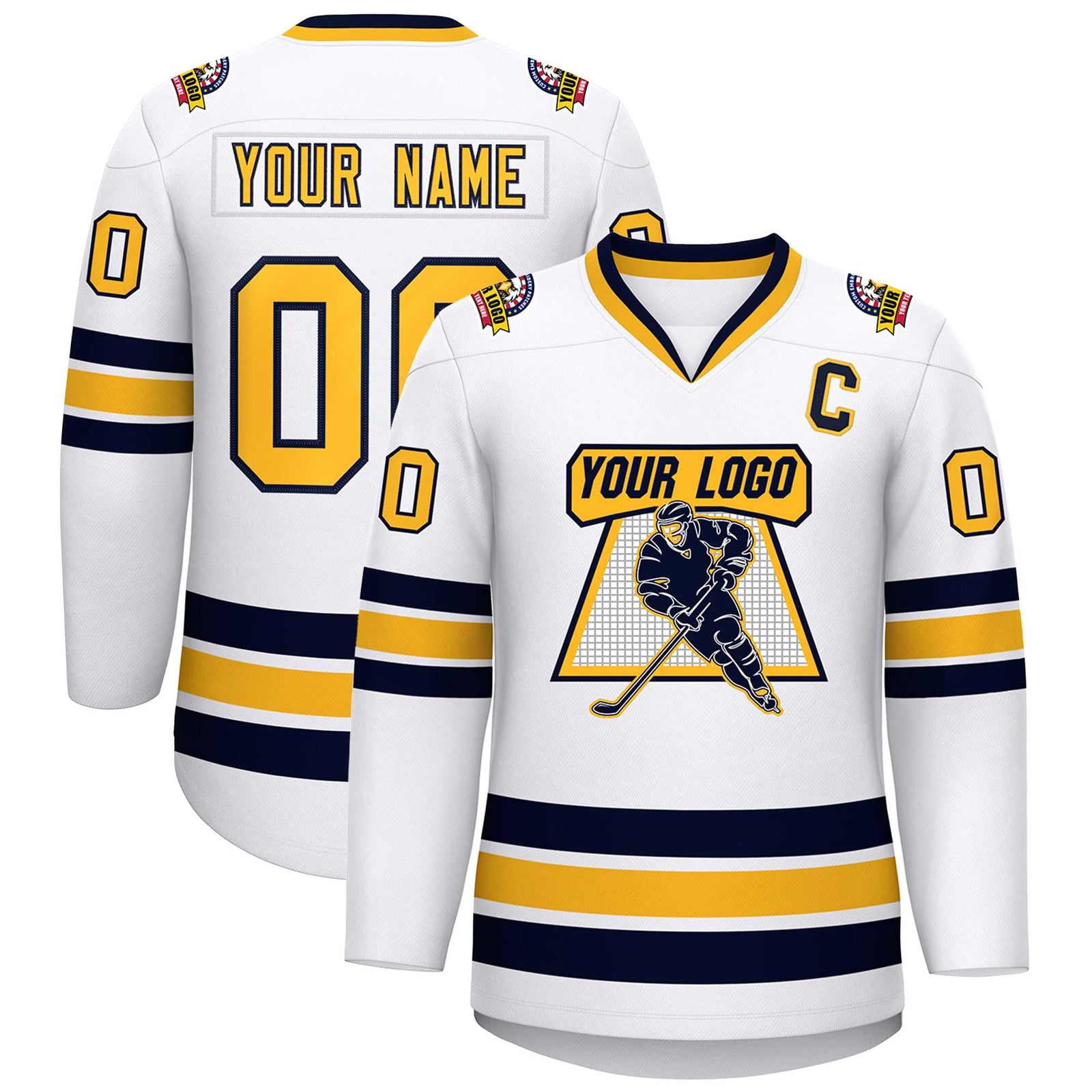 Custom White Gold-Navy Classic Style Hockey Jersey