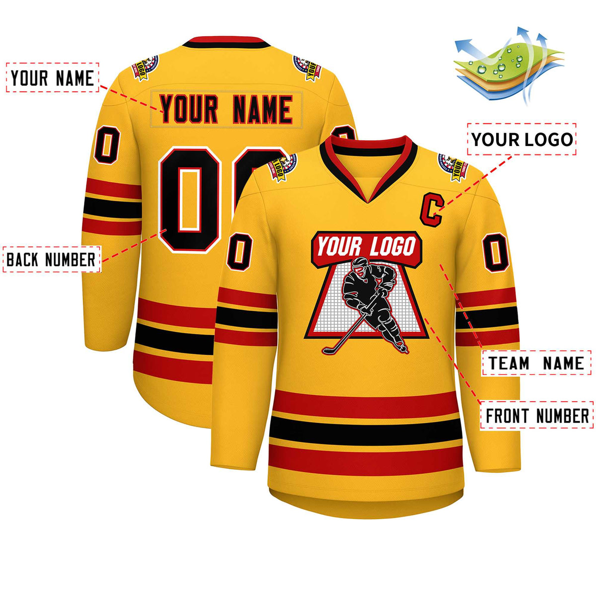 Custom Gold Black Red-White Classic Style Hockey Jersey