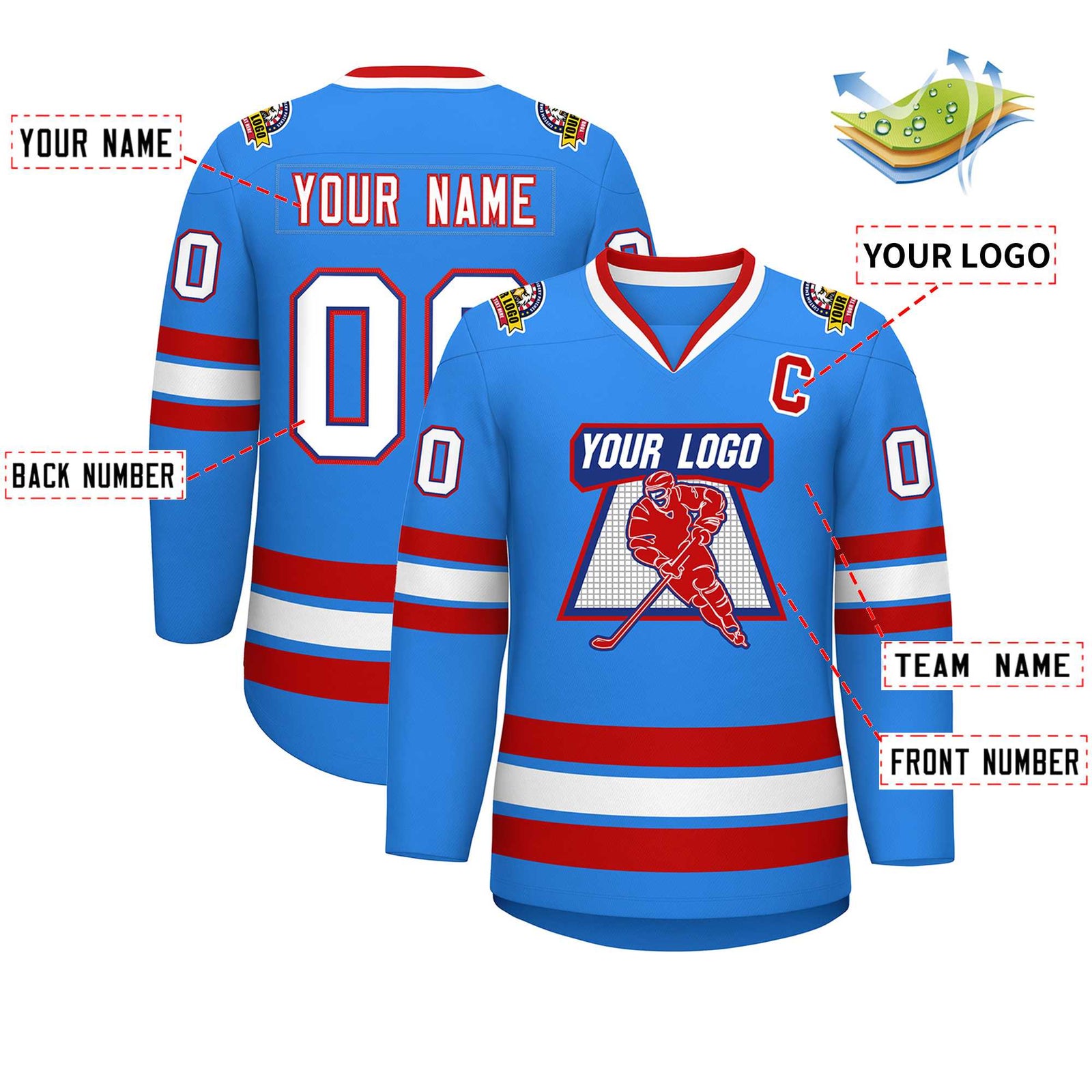 Custom Powder Blue White Royal-Red Classic Style Hockey Jersey