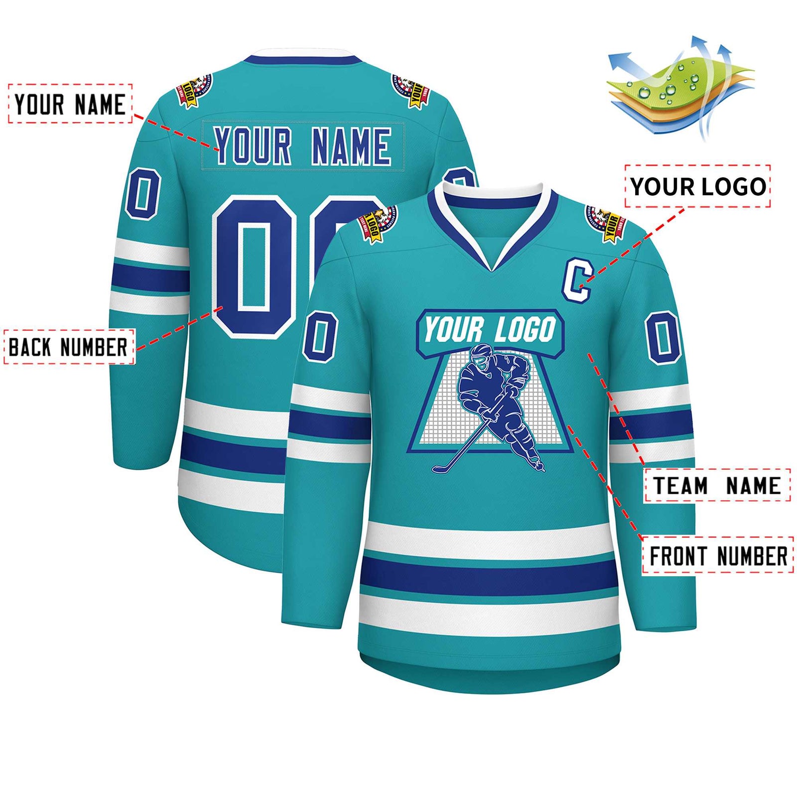 Custom Aqua Royal-White Classic Style Hockey Jersey