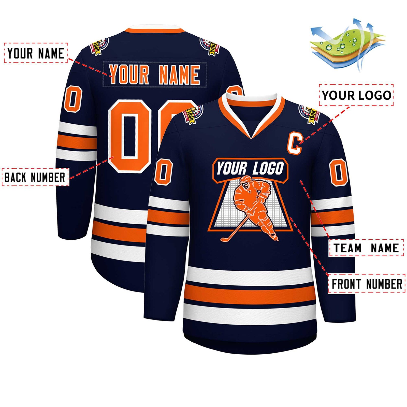 Custom Navy Orange-White Classic Style Hockey Jersey
