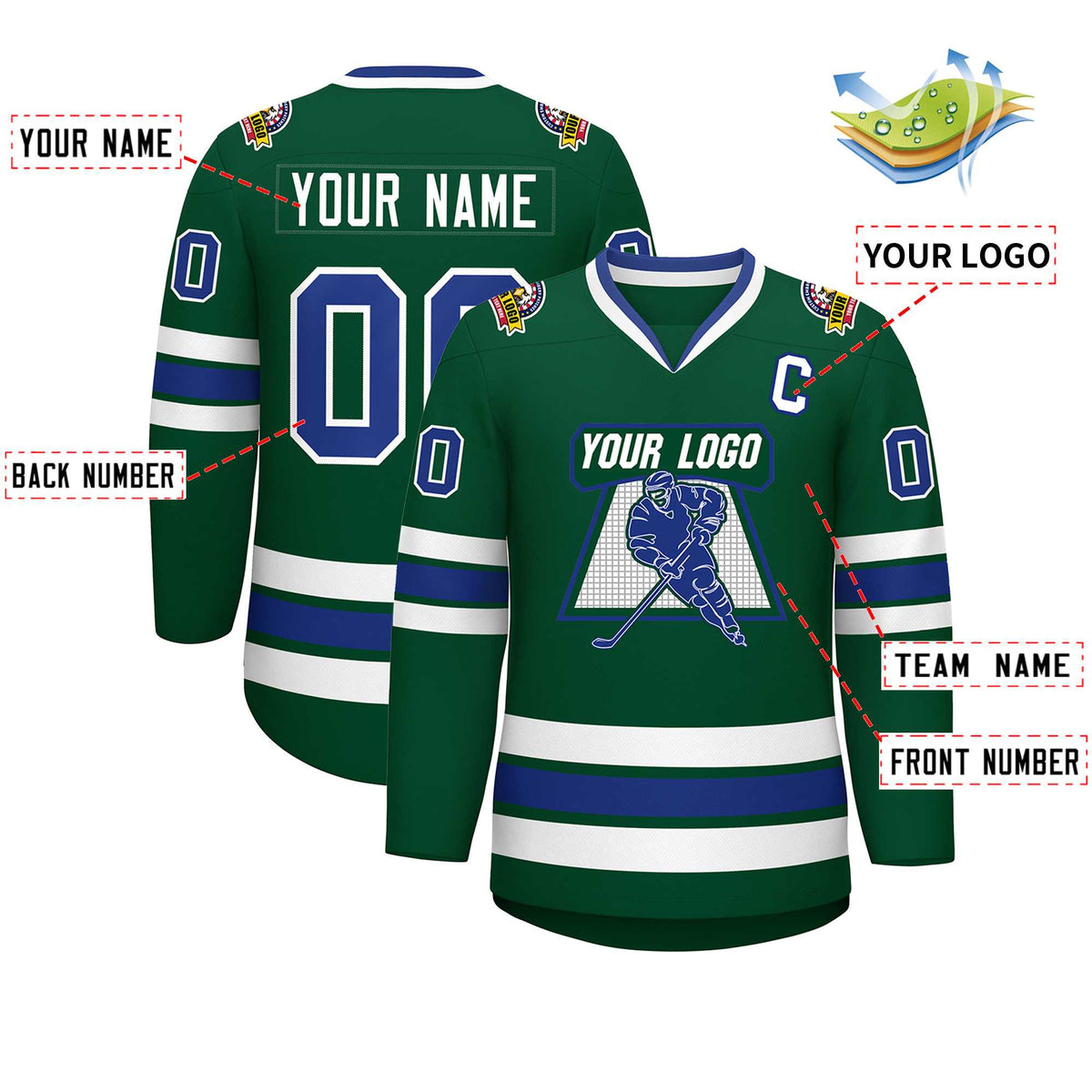 Custom Green Royal-White Classic Style Hockey Jersey