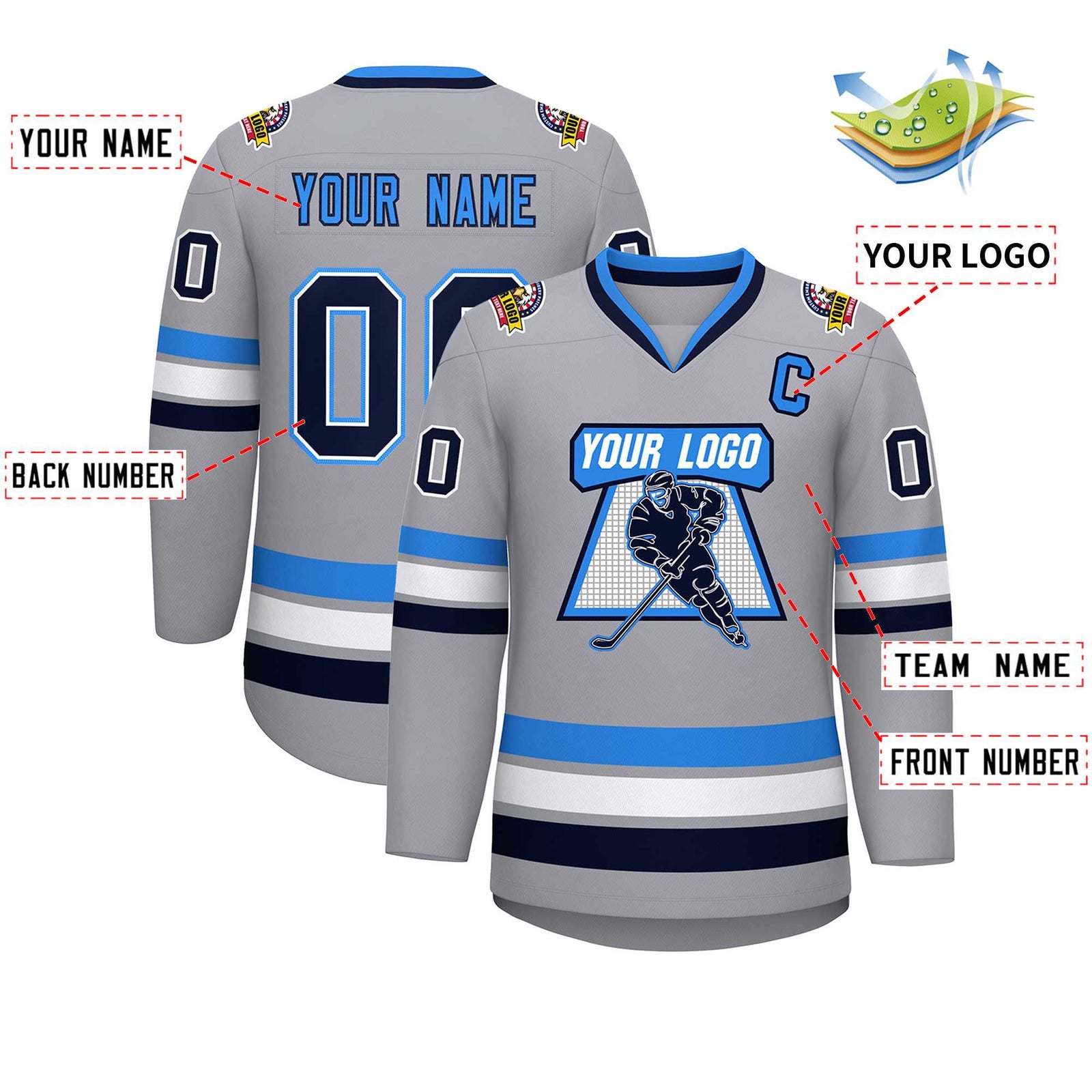 Custom Gray Navy Powder Blue-Powder Blue Classic Style Hockey Jersey