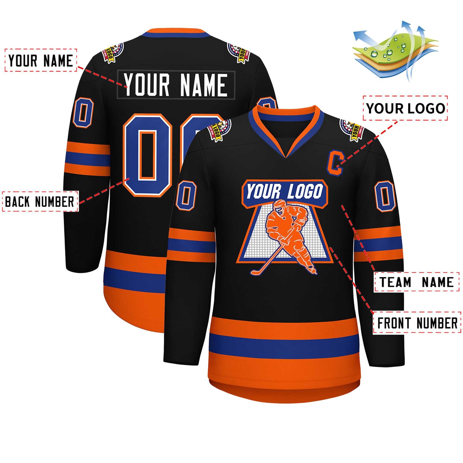 Custom Black Royal White-Orange Classic Style Hockey Jersey