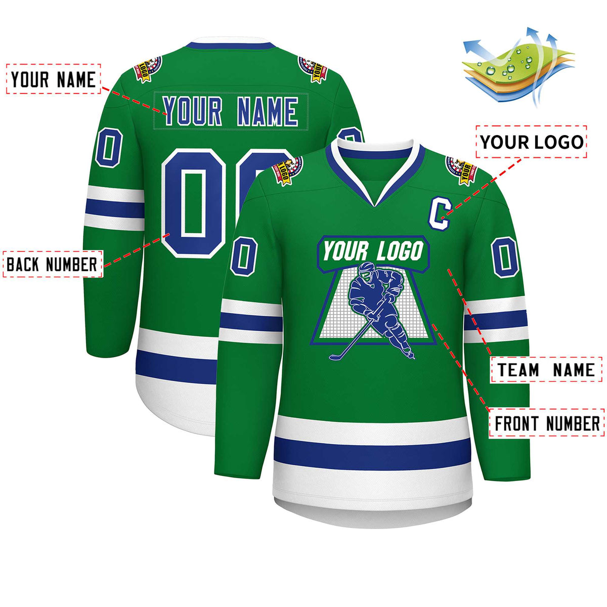 Custom Kelly Green Royal-White Classic Style Hockey Jersey