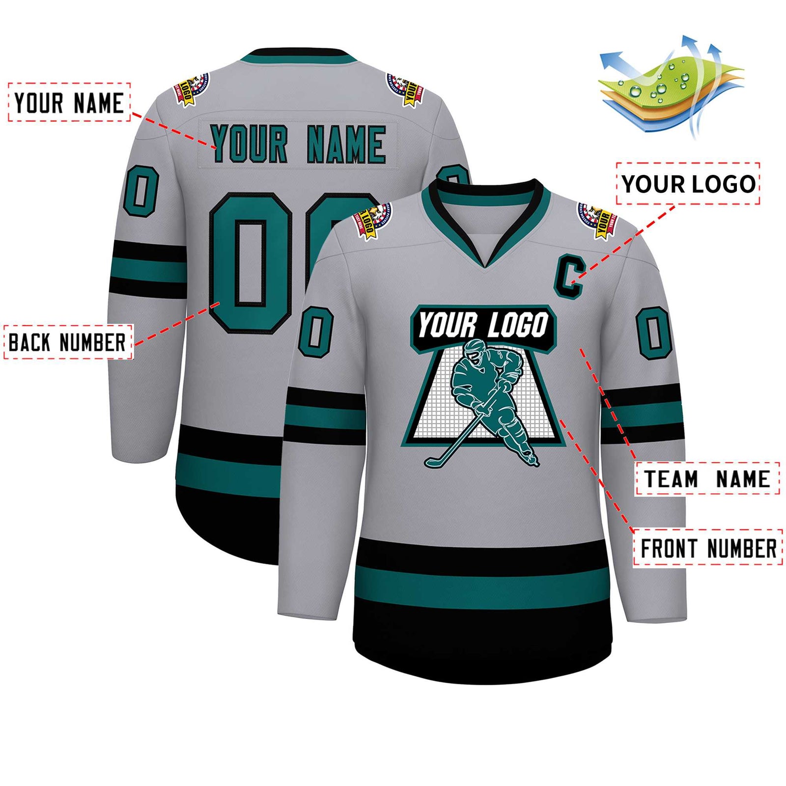 Custom Gray Aqua-Black Classic Style Hockey Jersey