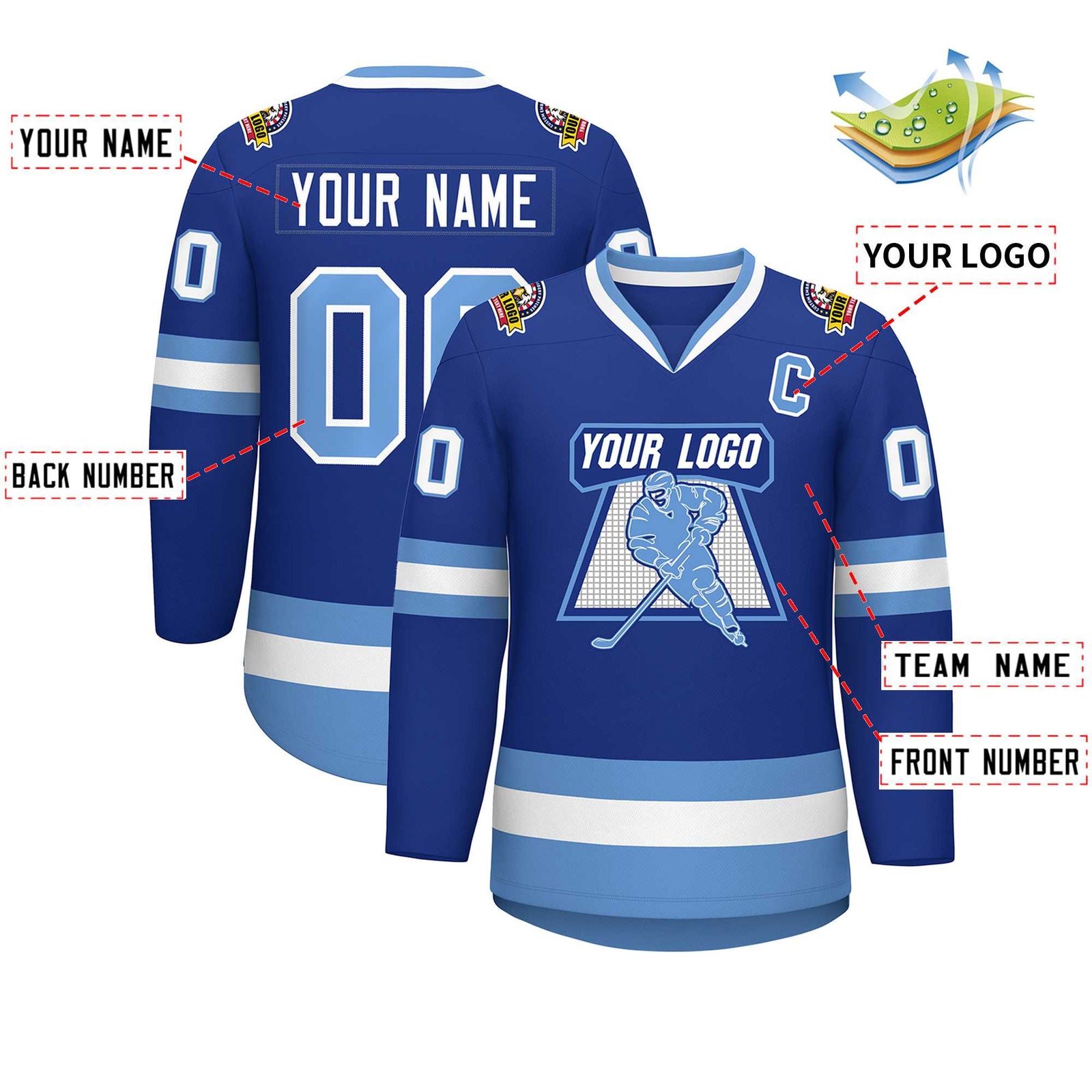 Custom Royal Light Blue-White Classic Style Hockey Jersey