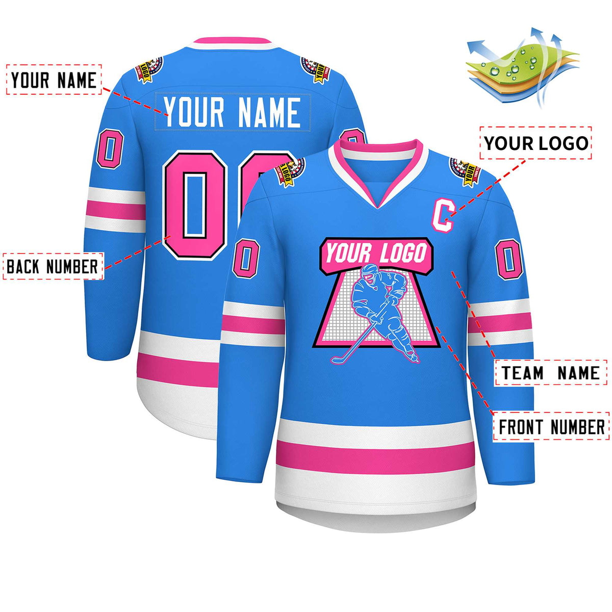Custom Powder Blue Pink Black-White Classic Style Hockey Jersey