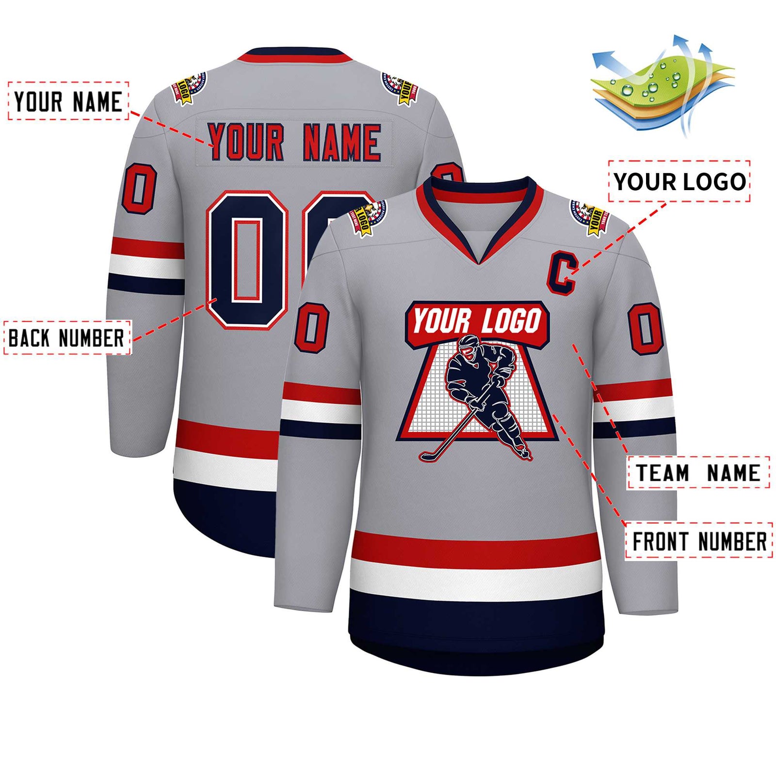 Custom Gray Navy White-Red Classic Style Hockey Jersey