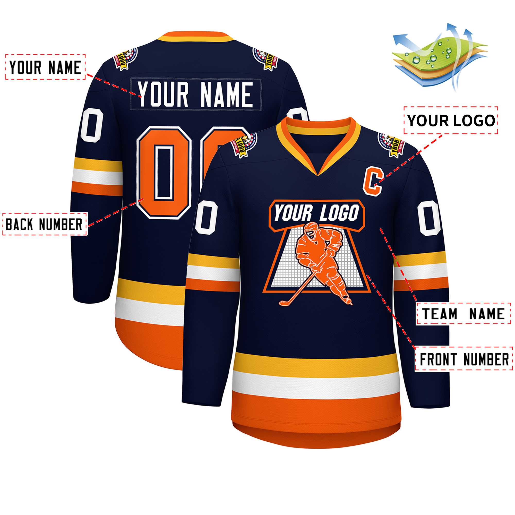 Custom Navy Orange Navy-White Classic Style Hockey Jersey