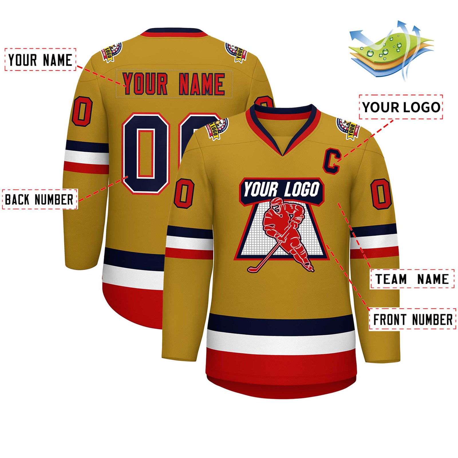 Custom Old Gold Navy White-Red Classic Style Hockey Jersey