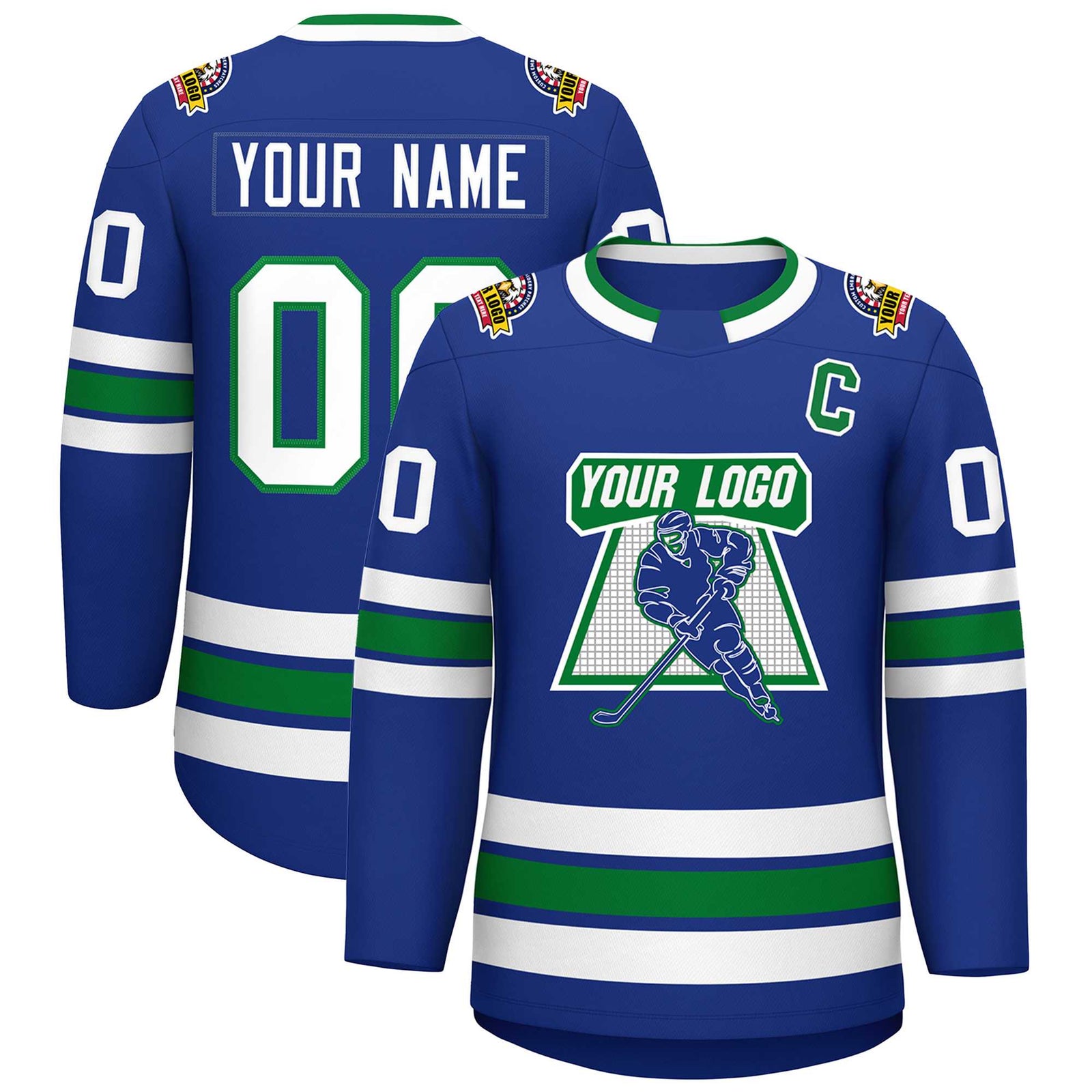 Custom Royal White-Kelly Green Classic Style Hockey Jersey