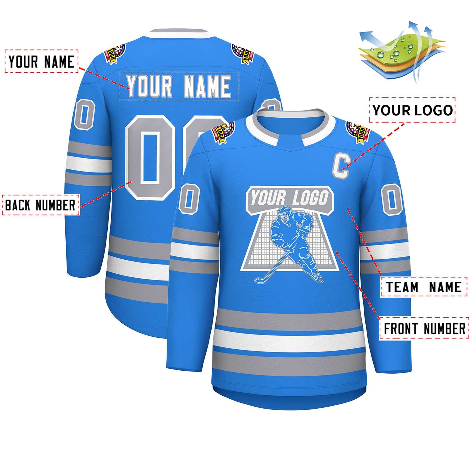 Custom Powder Blue White Powder Blue-Gray Classic Style Hockey Jersey