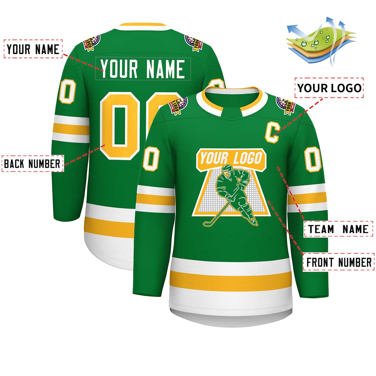 Custom Kelly Green Gold-White Classic Style Hockey Jersey