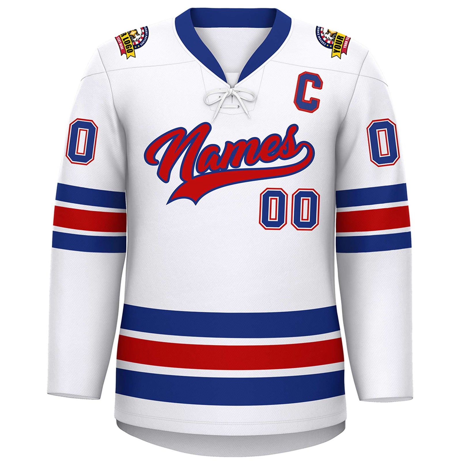 Custom White Royal-Red Lace-Up Neck Hockey Jersey