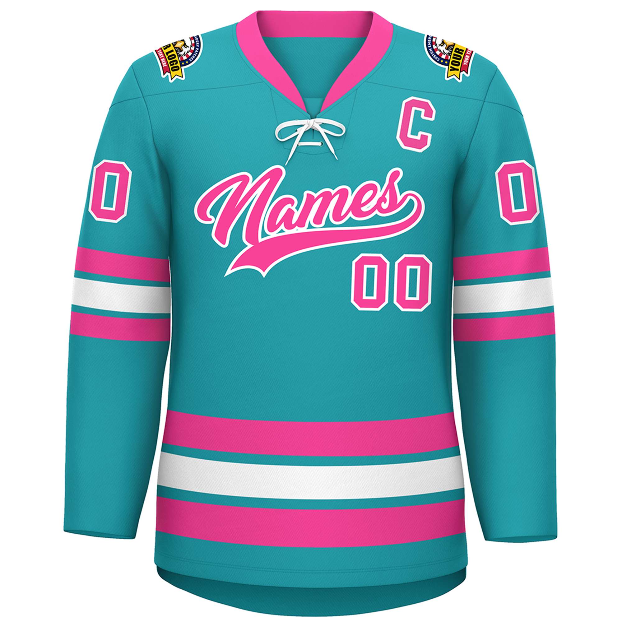 Custom Aqua Pink-White Lace-Up Neck Hockey Jersey