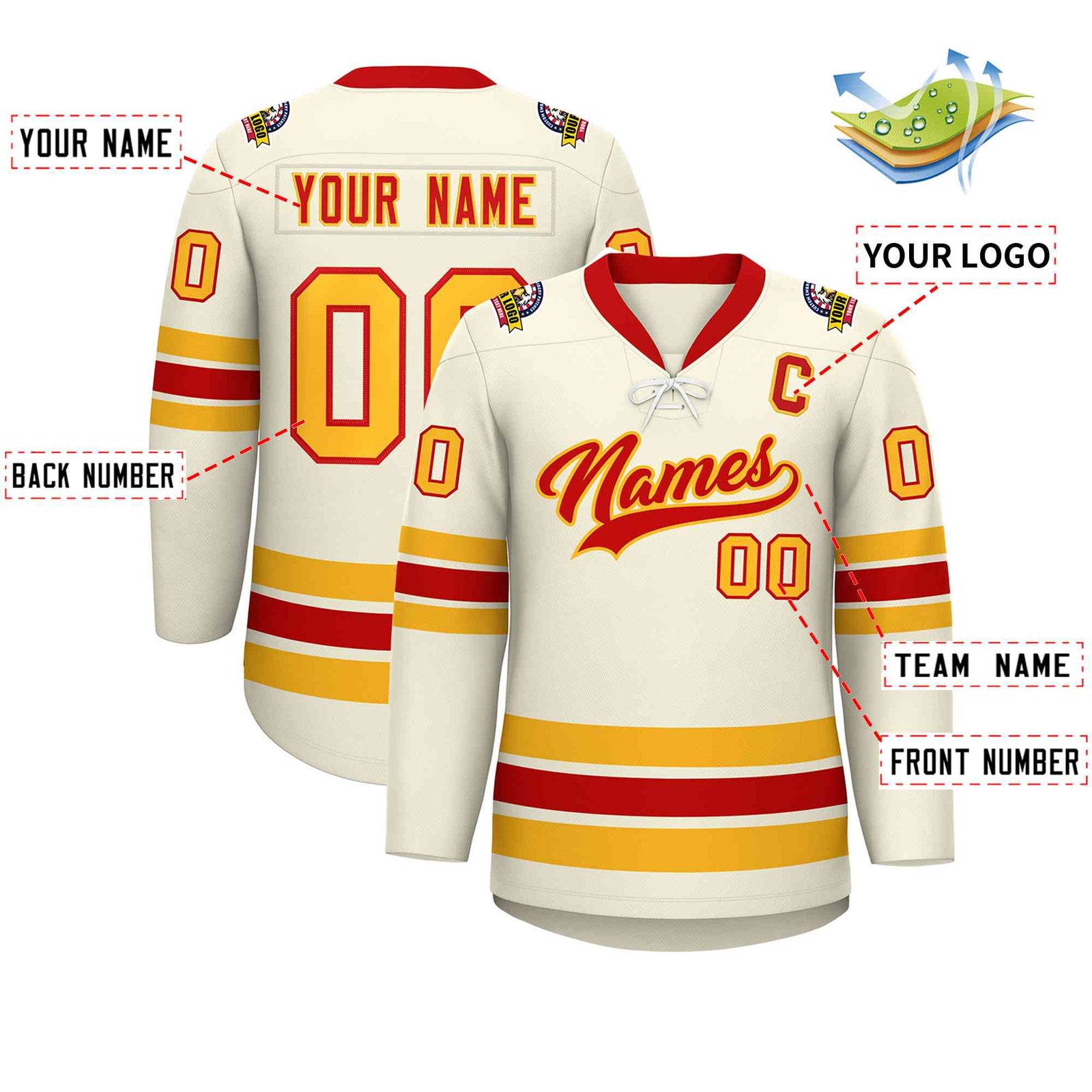 Custom Cream Red-Yellow Lace-Up Neck Hockey Jersey