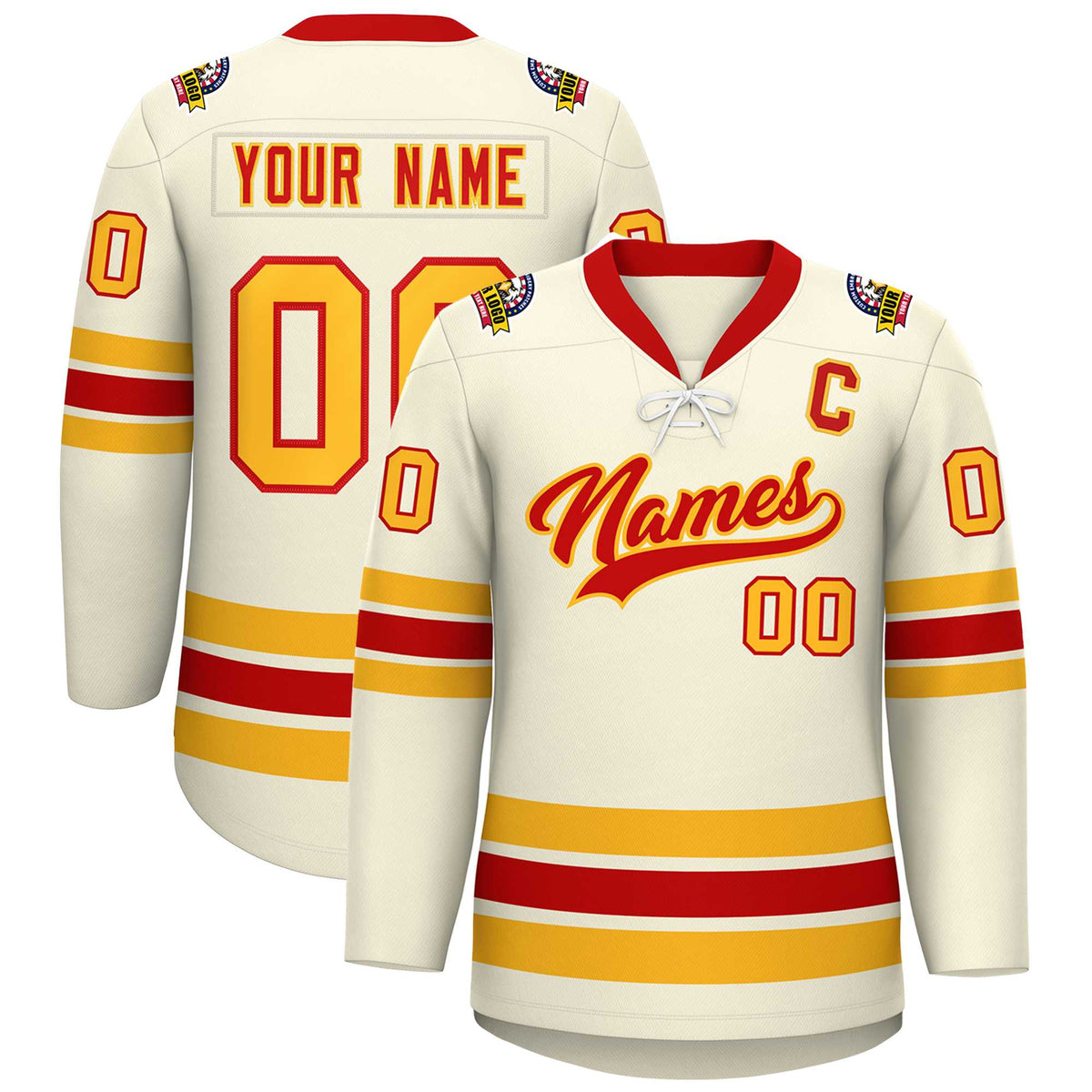 Custom Cream Red-Yellow Lace-Up Neck Hockey Jersey