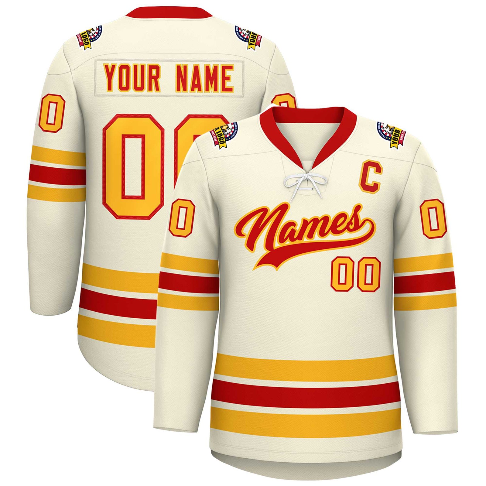Custom Cream Red-Yellow Lace-Up Neck Hockey Jersey