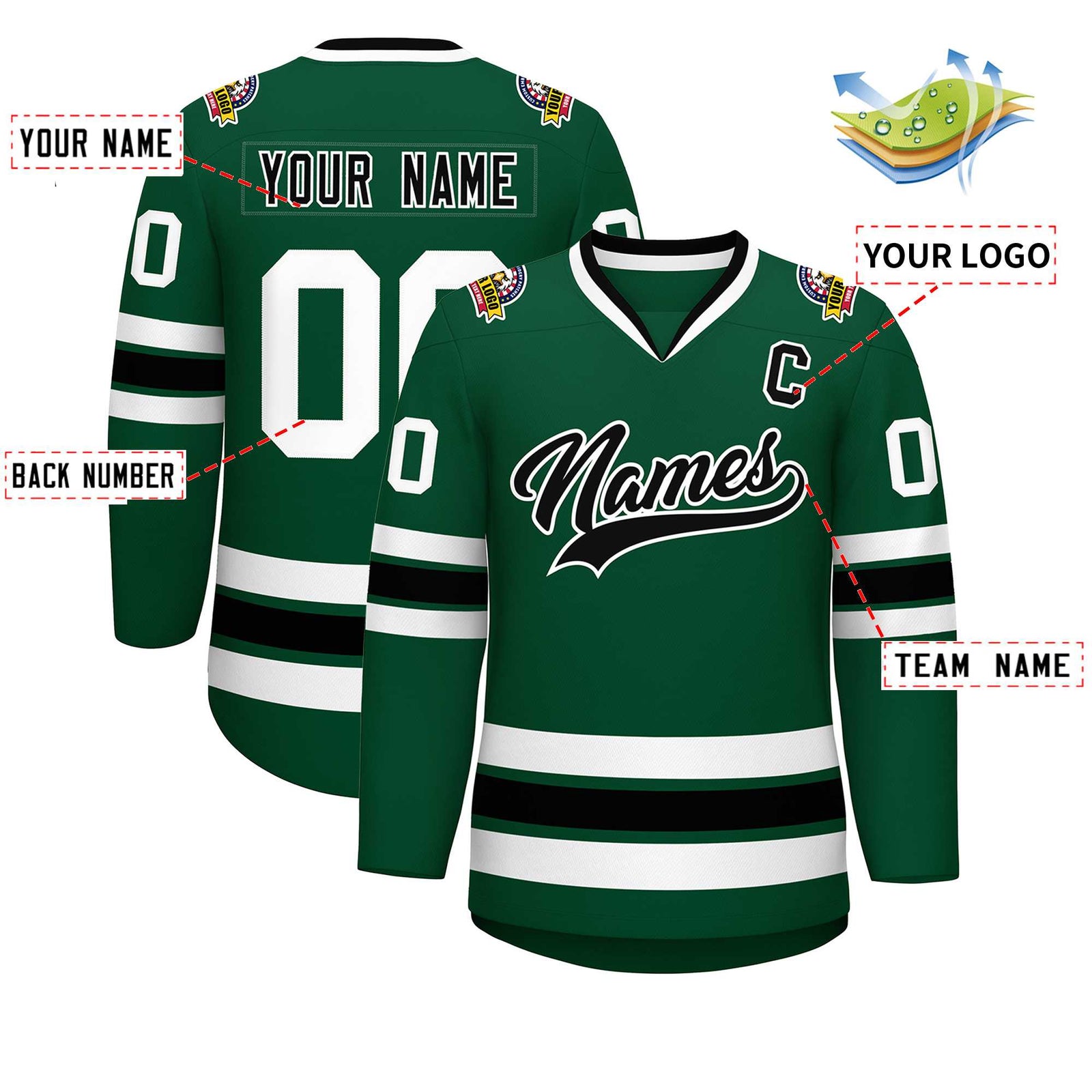 Custom Green Black-White Classic Style Hockey Jersey