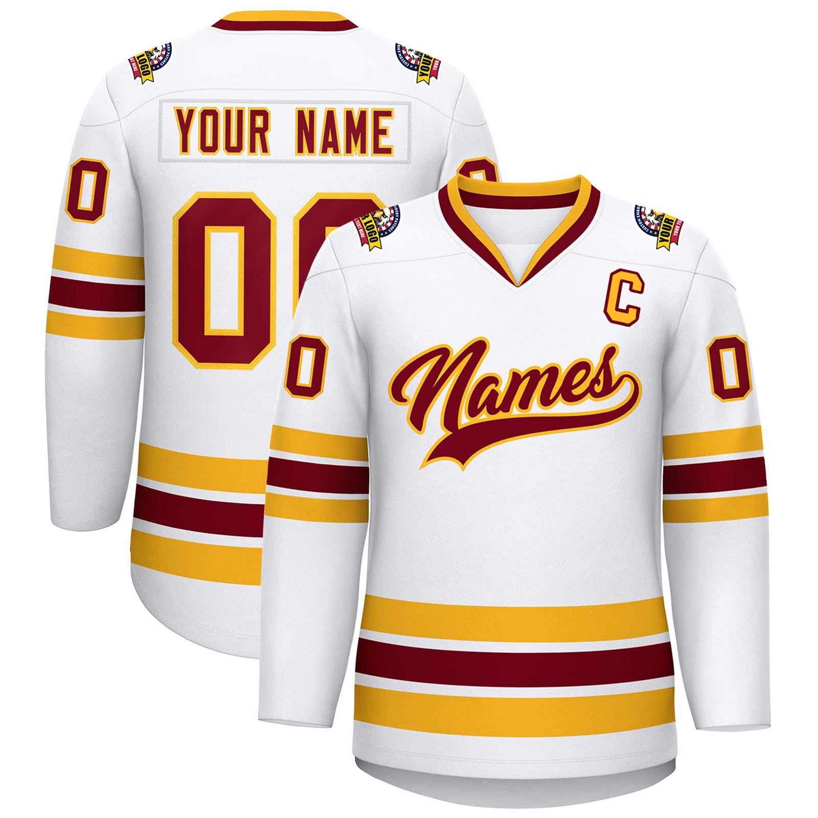 Custom White Crimson-Gold Classic Style Hockey Jersey