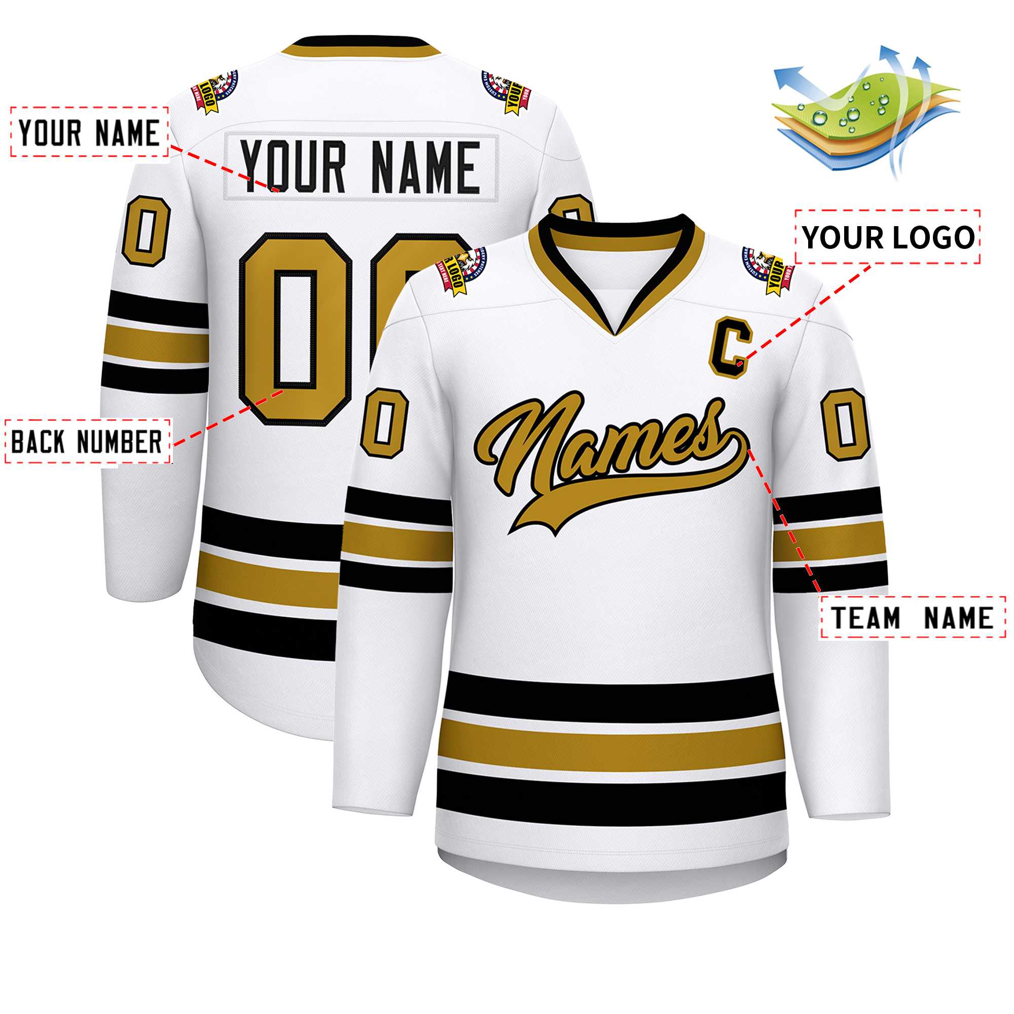 Custom White Old Gold-Black Classic Style Hockey Jersey