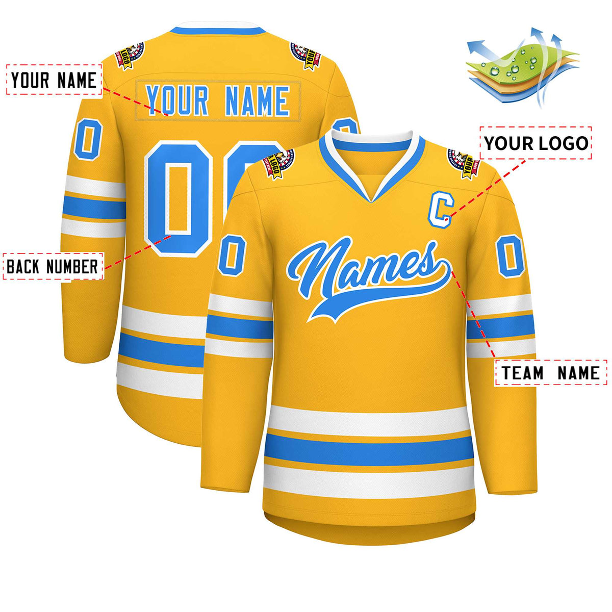 Custom Gold Powder Blue-White Classic Style Hockey Jersey