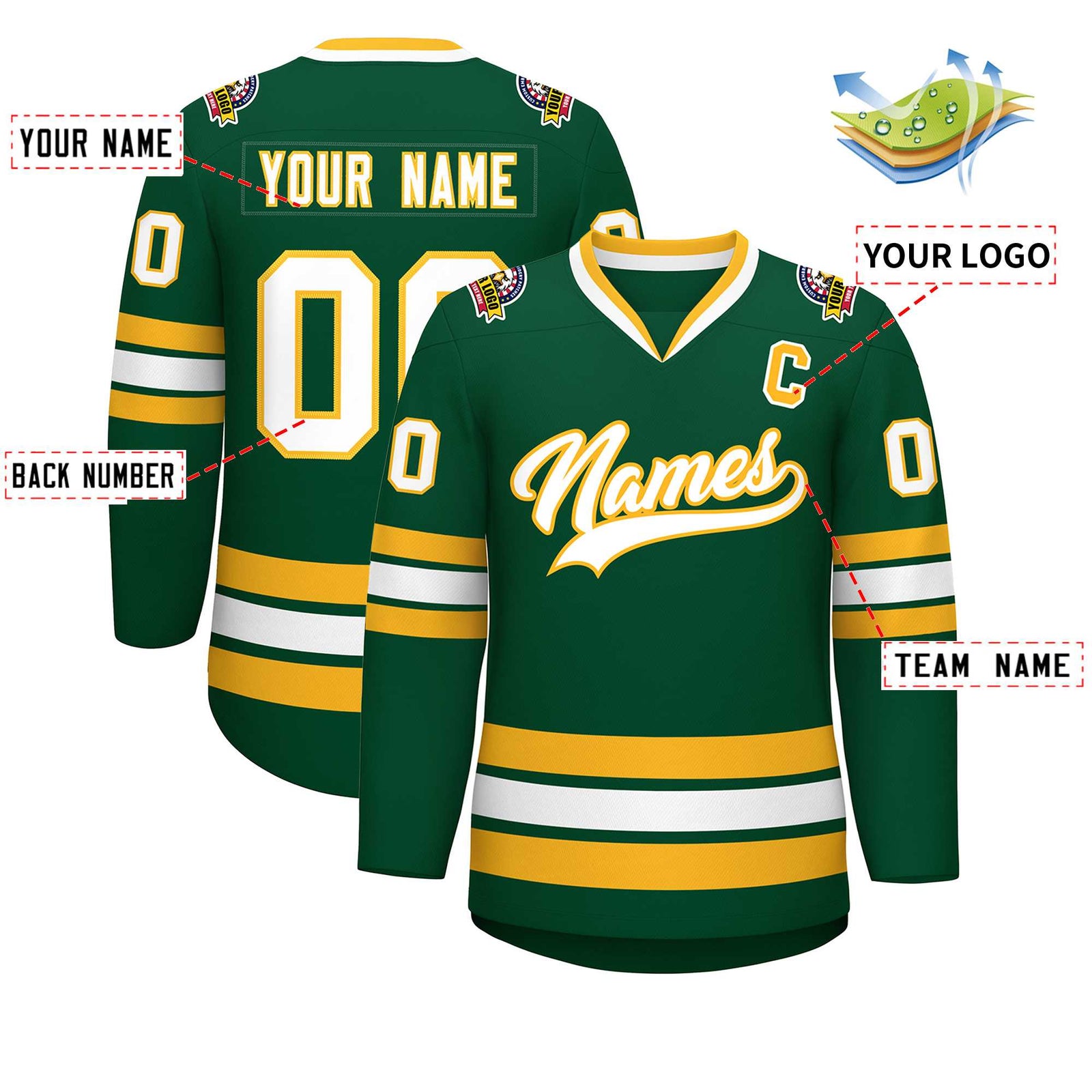 Custom Green White-Gold Classic Style Hockey Jersey