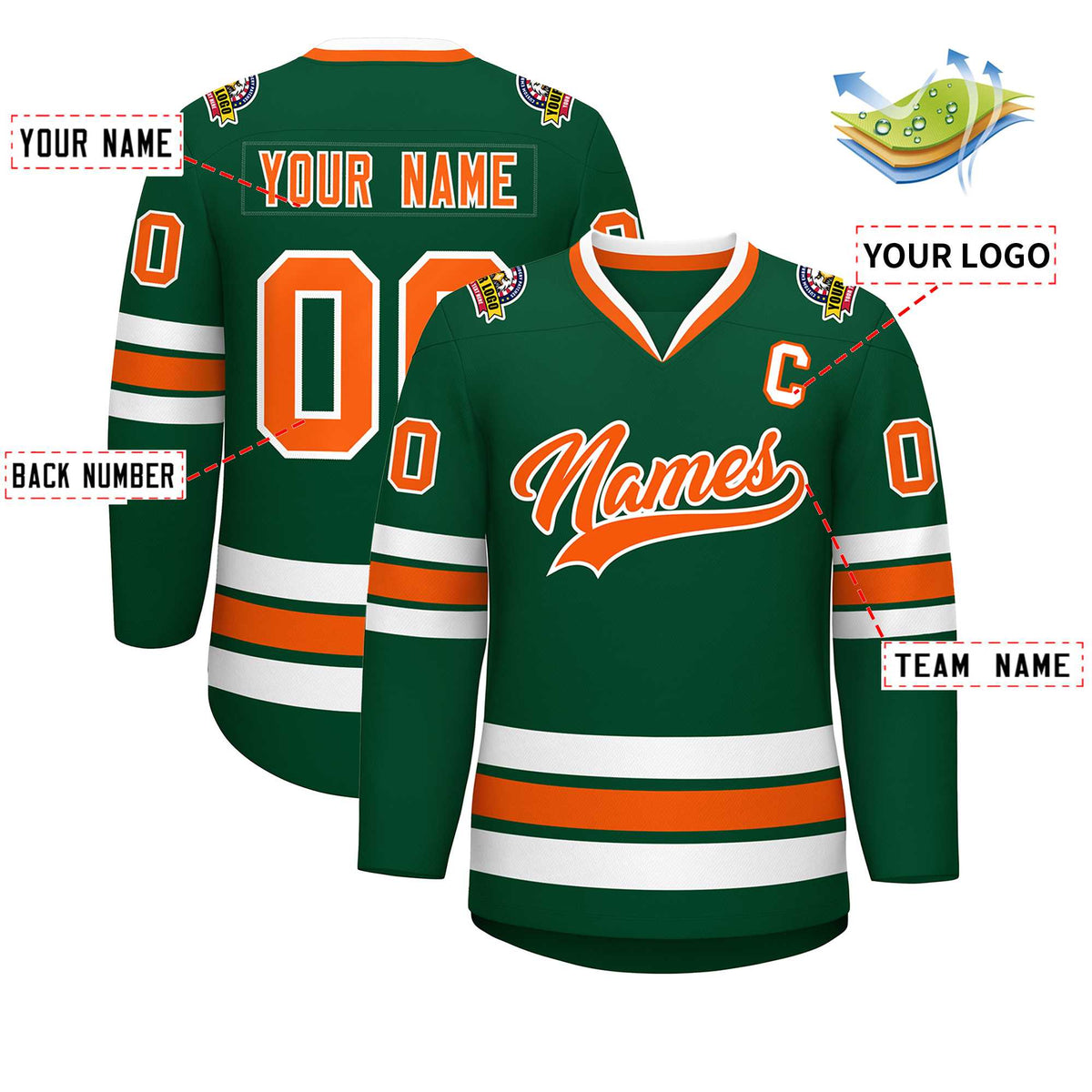 Custom Green Orange-White Classic Style Hockey Jersey