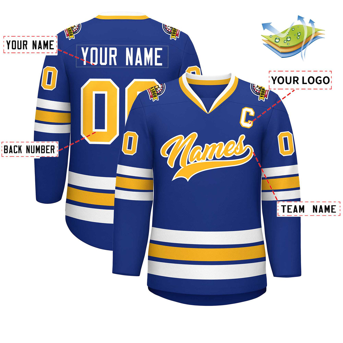 Custom Royal Gold-White Classic Style Hockey Jersey