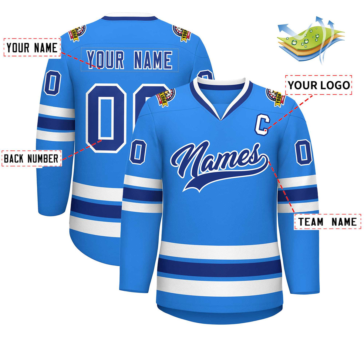 Custom Powder Blue Royal-White Classic Style Hockey Jersey