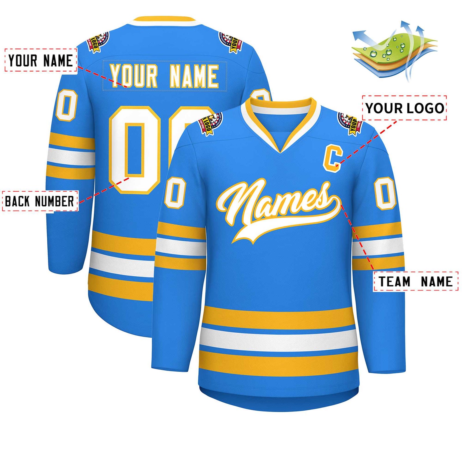 Custom Powder Blue White-Gold Classic Style Hockey Jersey